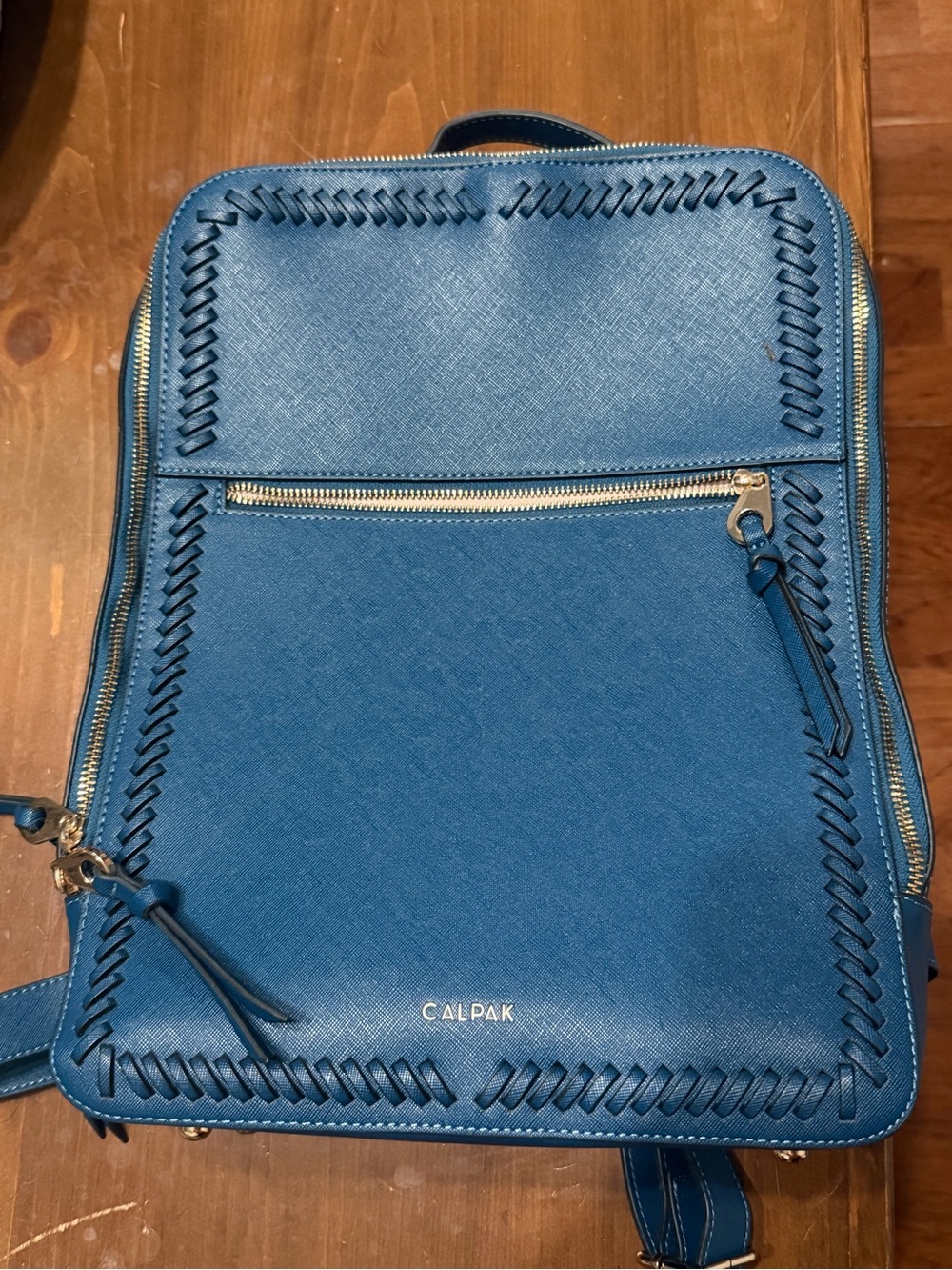 Calpak Teal-Blue Leather Top Handle Backpack with Whipstitch - Picture 2 of 3